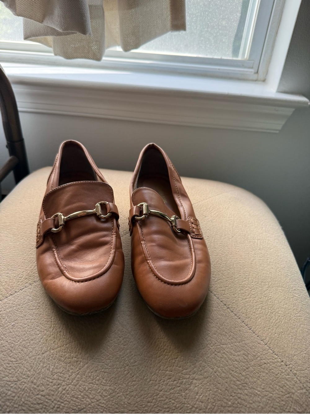 Women's Tan Leather Loafers with Gold Bit Accent